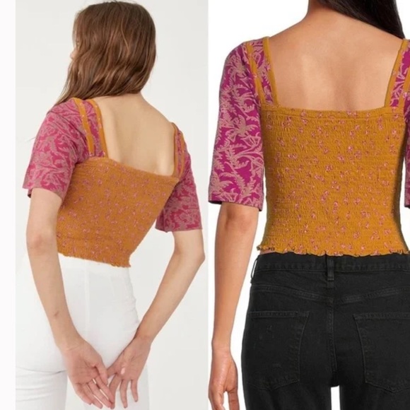 ✅Free People Marigold Tee in Golden Combo Smocked Top - Picture 4 of 4